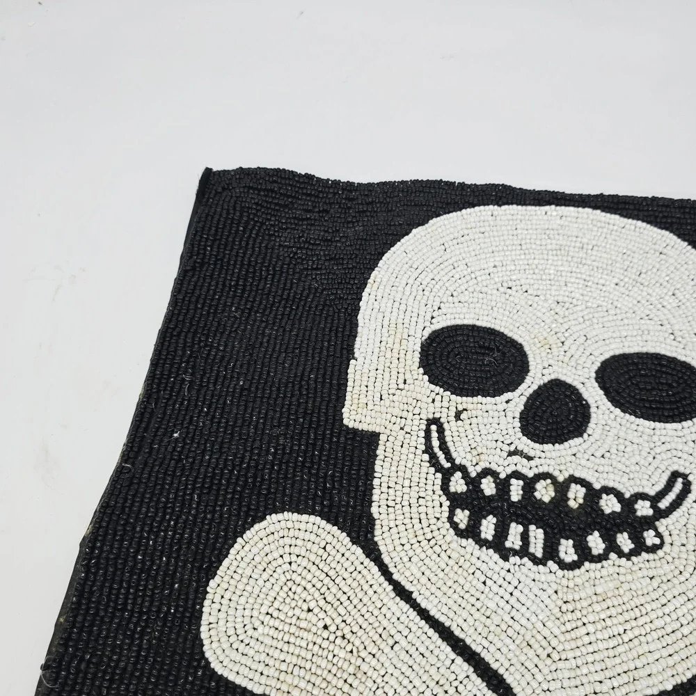 VTG Beaded Skull Crossbones Panel Tapestry Wall Art Jolly Roger 15x15 Handmade